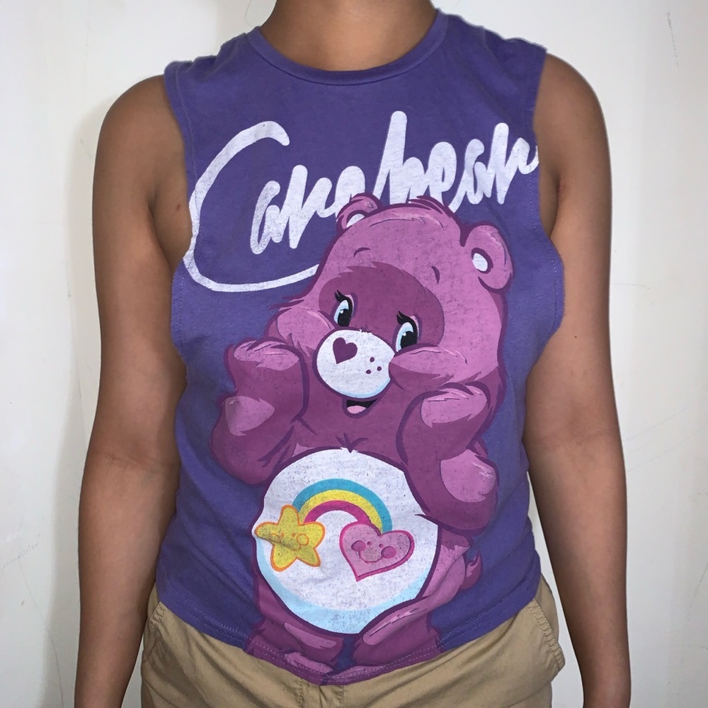 Wet Seal Women’s Extra Small Purple Care Bear Tank Top Muscle Graphic Tee Twist